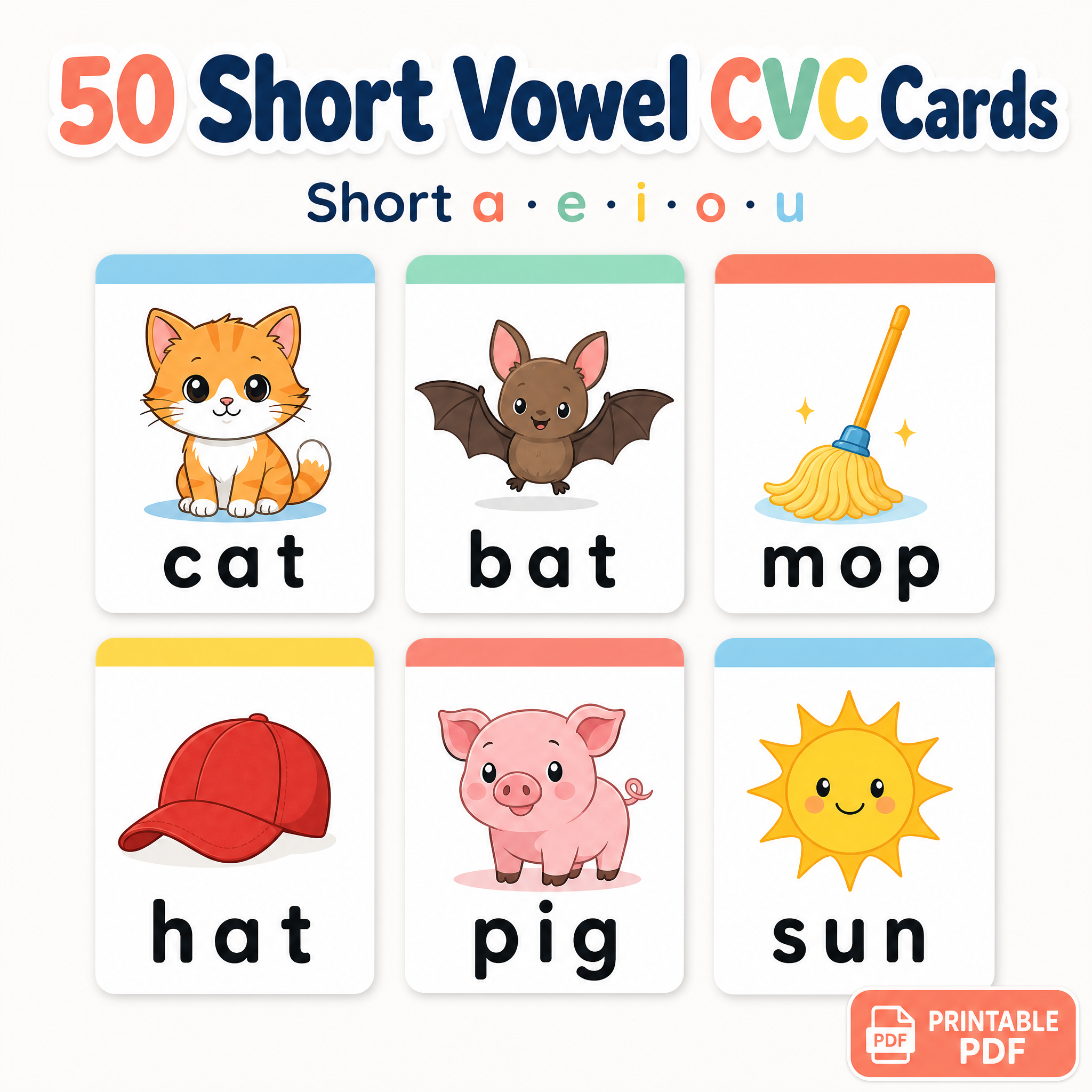 50 Short Vowel Printable Cards