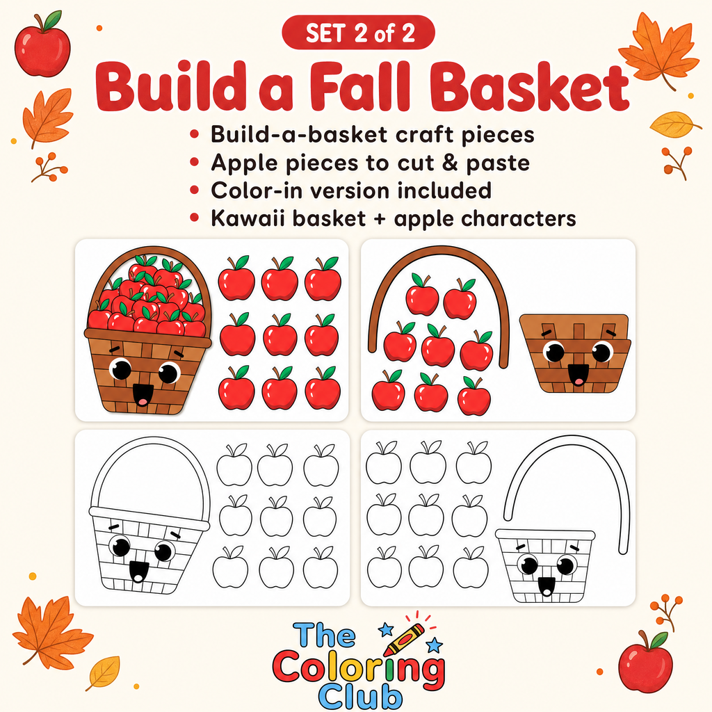 Build a Fall Apple Basket printable craft with coloring and cut and paste activity for kids