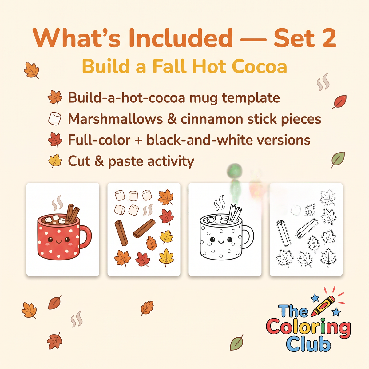 Printable cozy fall craft bundle for kids with Build a Fall Hedgehog and Hot Cocoa activities