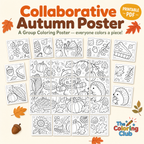 Collaborative Autumn Poster printable set by The Coloring Club, featuring 20 black and white autumn-themed coloring pages with illustrations of pumpkins, acorns, leaves, a hedgehog, and a pie. The image displays the pages arranged on a light beige background decorated with autumn leaves and an acorn.
