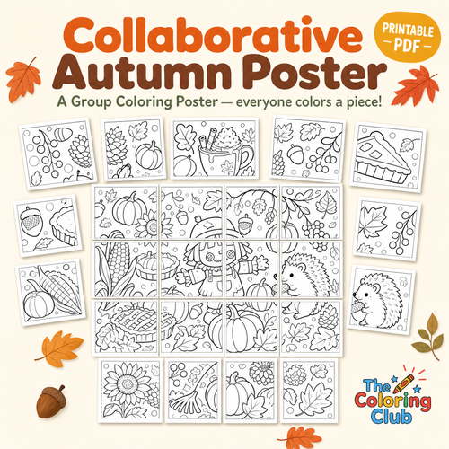 Collaborative Autumn Poster printable set by The Coloring Club, featuring 20 black and white autumn-themed coloring pages with illustrations of pumpkins, acorns, leaves, a hedgehog, and a pie. The image displays the pages arranged on a light beige background decorated with autumn leaves and an acorn.