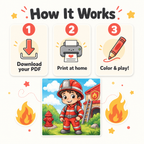 An illustrated infographic titled "How It Works" with three numbered steps: download a PDF, print at home, and color & play. Below the steps is a cartoon firefighter standing in front of a fire station, with fire icons on both sides on a light cream background.