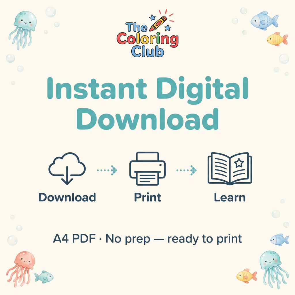 Promotional graphic for a digital coloring book download, featuring the brand name 'The Coloring Club' at the top. The design has a light cream background decorated with cute cartoon illustrations of jellyfish, fish, and bubbles.
