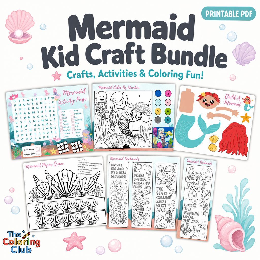 Mermaid Kid Craft Bundle printable activity set by The Coloring Club, featuring a search-and-find page, coloring pages, sticker sheet, and paper craft templates on a white background with sea-themed illustrations.