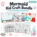 Mermaid Kid Craft Bundle printable activity set by The Coloring Club, featuring a search-and-find page, coloring pages, sticker sheet, and paper craft templates on a white background with sea-themed illustrations.