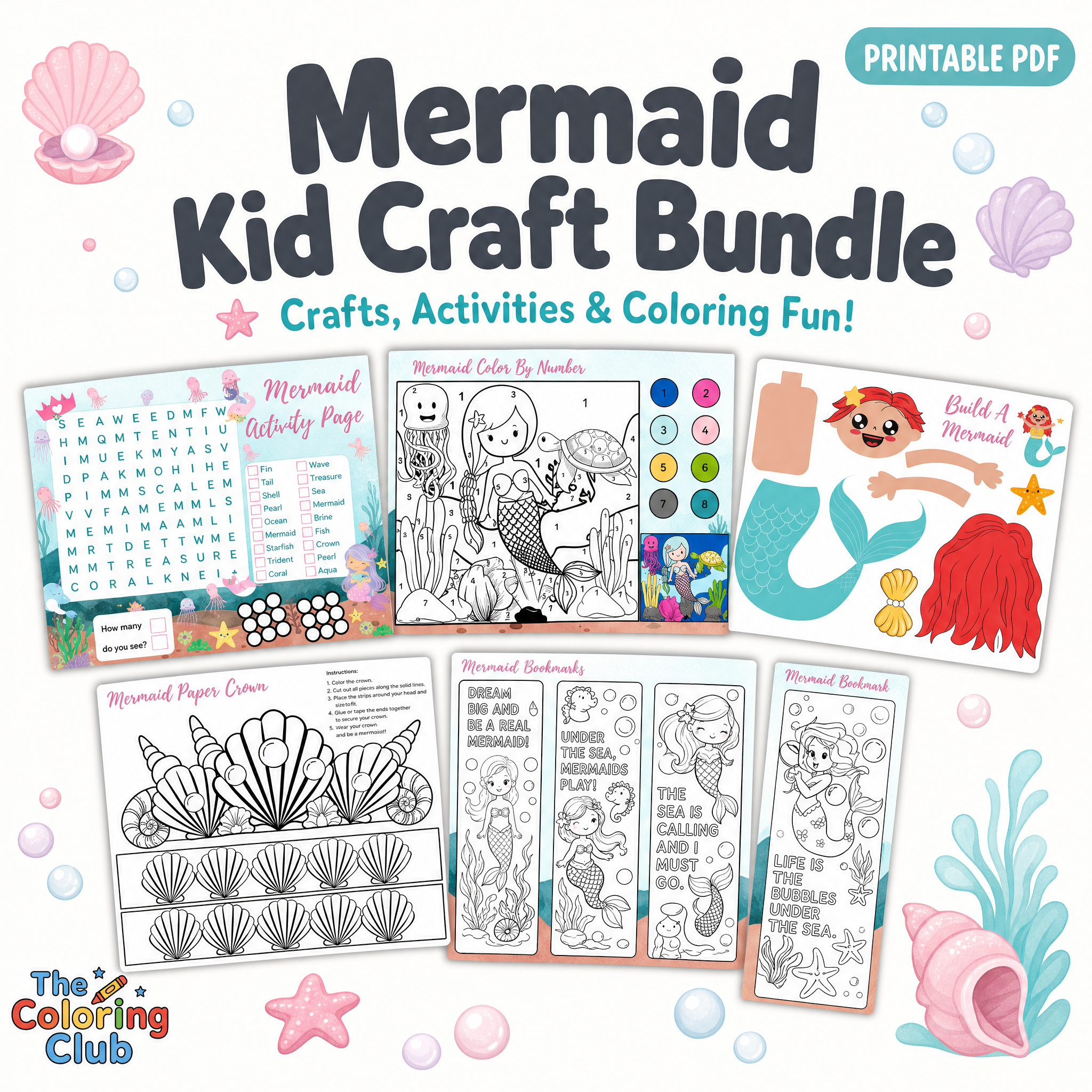 Mermaid Kid Craft Bundle printable activity set by The Coloring Club, featuring a search-and-find page, coloring pages, sticker sheet, and paper craft templates on a white background with sea-themed illustrations.