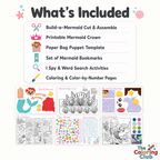 A product inclusion graphic for a mermaid-themed coloring and craft kit. The top section has a white panel with the heading 'What's Included' and a list of contents with small colorful icons: scissors, crown, paper bag puppet template, mermaid bookmarks, magnifying glass, paintbrush, and coloring/color-by-number pages.