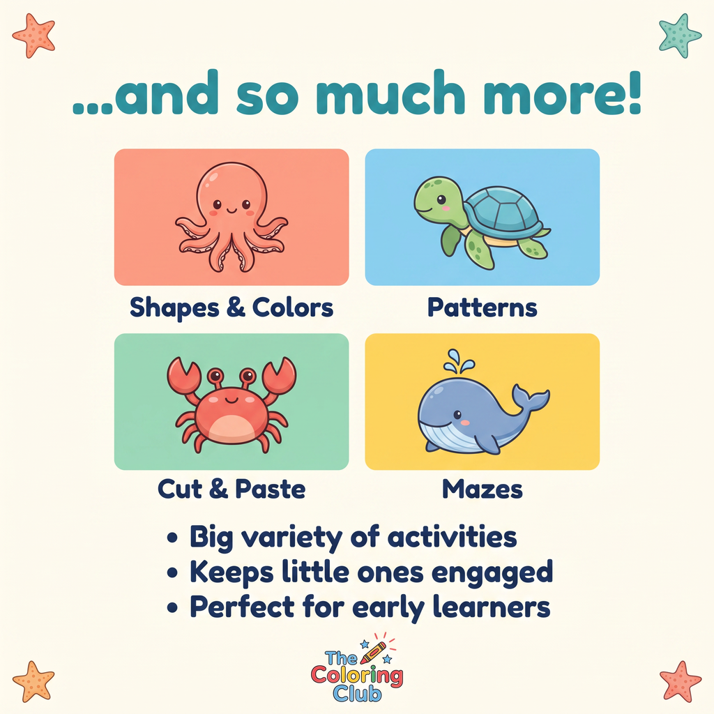 Promotional graphic for an educational coloring book or activity kit by The Coloring Club, featuring cartoon illustrations of an octopus, turtle, crab, and whale with text reading 'Shapes & Colors', 'Patterns', 'Cut & Paste', and 'Mazes', plus bullet points about variety and engagement.