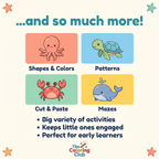 Promotional graphic for an educational coloring book or activity kit by The Coloring Club, featuring cartoon illustrations of an octopus, turtle, crab, and whale with text reading 'Shapes & Colors', 'Patterns', 'Cut & Paste', and 'Mazes', plus bullet points about variety and engagement.