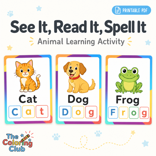 Printable animal learning activity sheet titled 'See It, Read It, Spell It' with three colorful cards showing a cat, dog, and frog, plus the brand logo 'The Coloring Club' and a 'PRINTABLE PDF' badge.