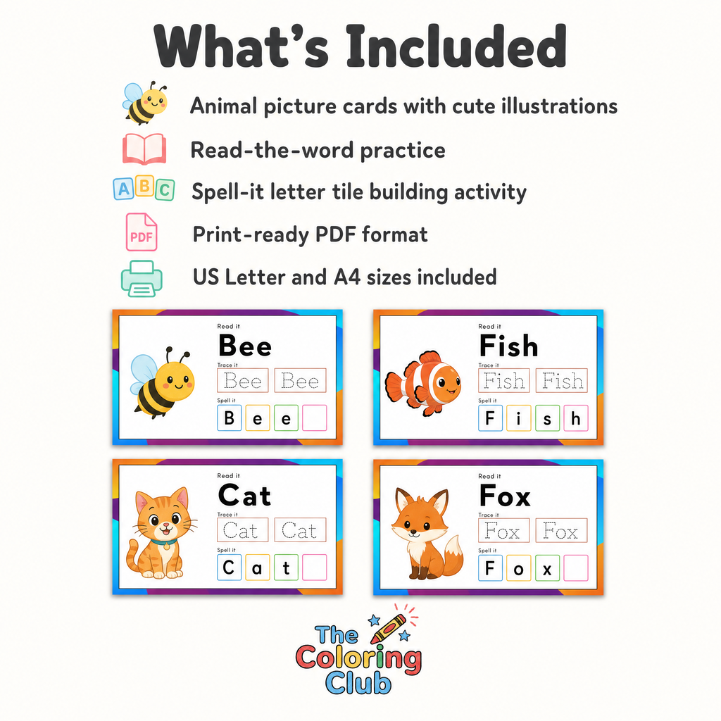 An included-items graphic for a children's printable learning set titled 'What's Included' on a light gray background. The graphic lists animal picture cards with cute illustrations, read-the-word practice, spell-it letter tile building activity, PDF format, and US Letter and A4 sizes.