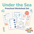 Under the Sea Preschool Worksheet Set by The Coloring Club, featuring printable pages for name tracing, letter recognition, matching game, and coloring, displayed on a light beige background with sea-themed illustrations.