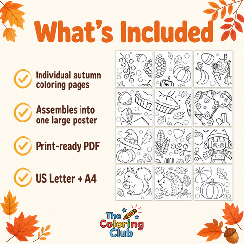 Promotional graphic for an autumn-themed coloring poster set, titled 'What's Included,' with orange fall leaves around the edges. Text lists included items: individual autumn coloring pages, assembly into one large poster, print-ready PDF, and US Letter + A4 size.