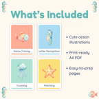 An informational graphic titled 'What's Included' showing four printable ocean-themed worksheet cards: Name Tracing, Letter Recognition, Counting, and Matching. The cards feature pastel watercolor illustrations of a fish, seahorse, jellyfish, and starfish.