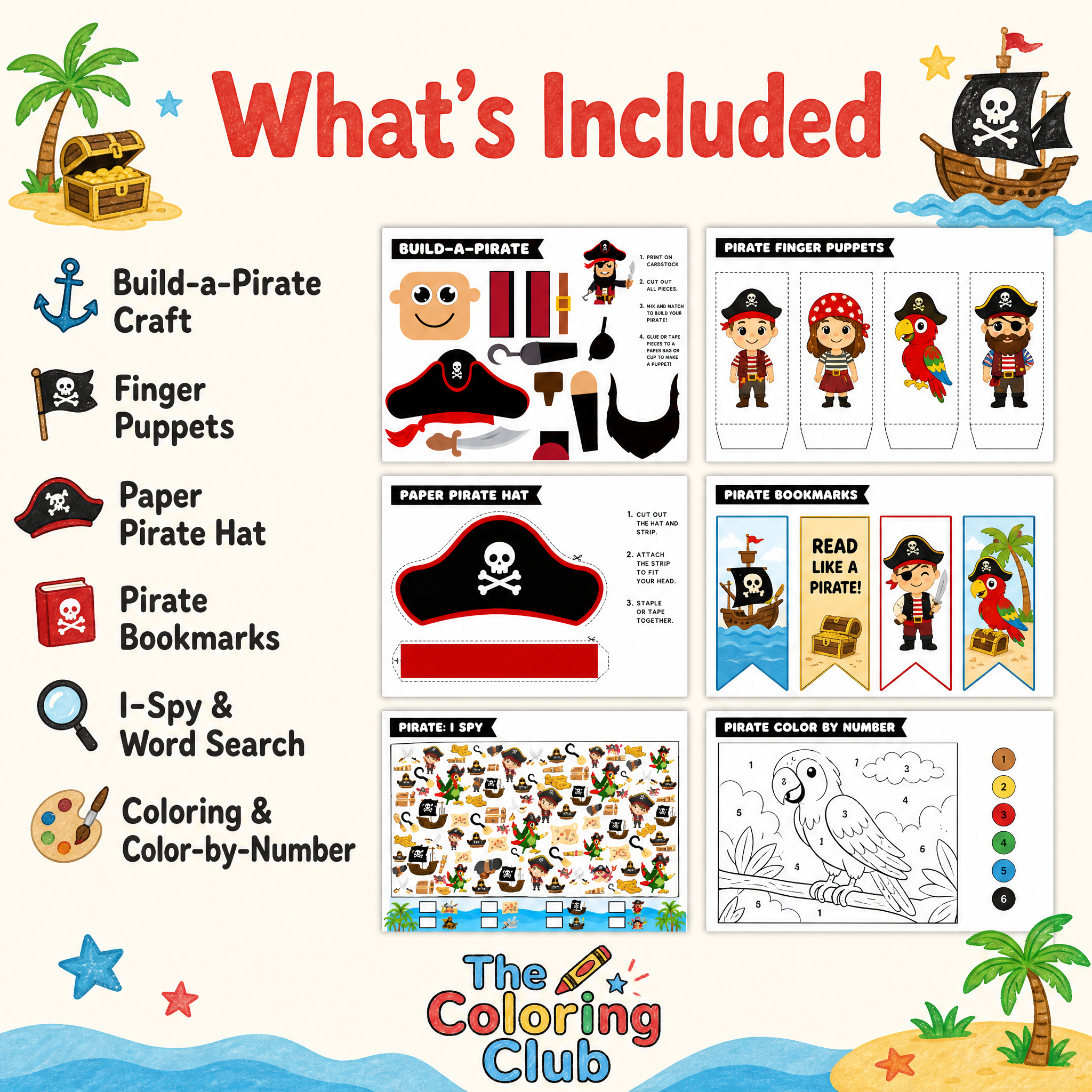 A product inclusion graphic for a pirate-themed children's activity set titled 'What's Included' by The Coloring Club. The layout shows multiple included items: a build-a-pirate craft kit, finger puppets, a paper pirate hat, pirate bookmarks, an I-Spy word search, a color-by-number activity, and printable pages.