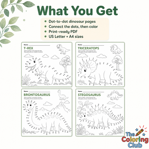 dot to dot dinosaur coloring sheets